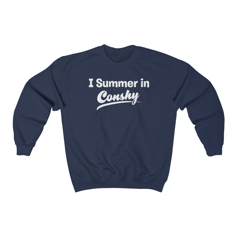 Navy crewneck sweatshirt with the I Summer in Conshy wordmark