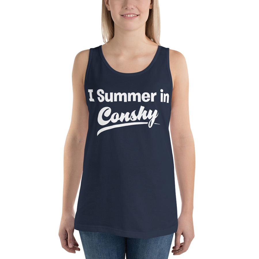 Navy tank top with the I Summer in Conshy wordmark