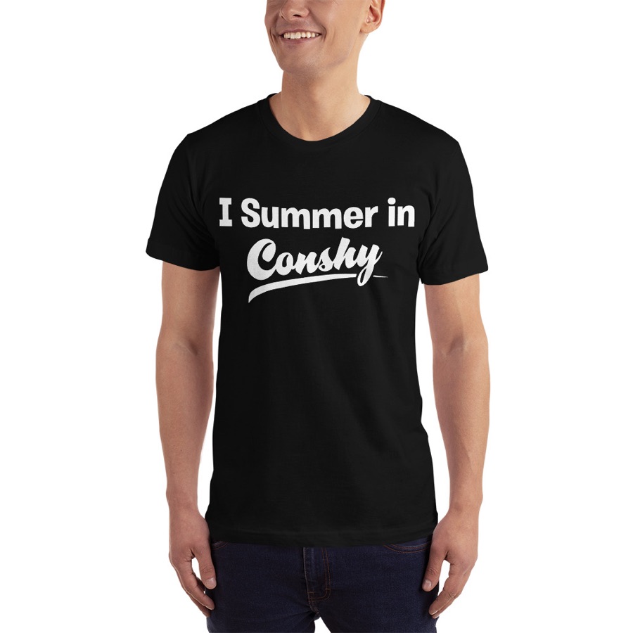 Black t-shirt with the white I Summer in Conshy wordmark